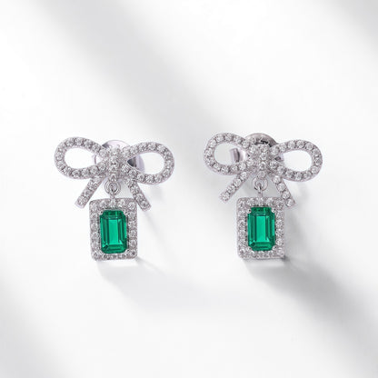 Bow-Knot Lab-Grown Emerald Stud Earrings - 925 Silver - Dapaza