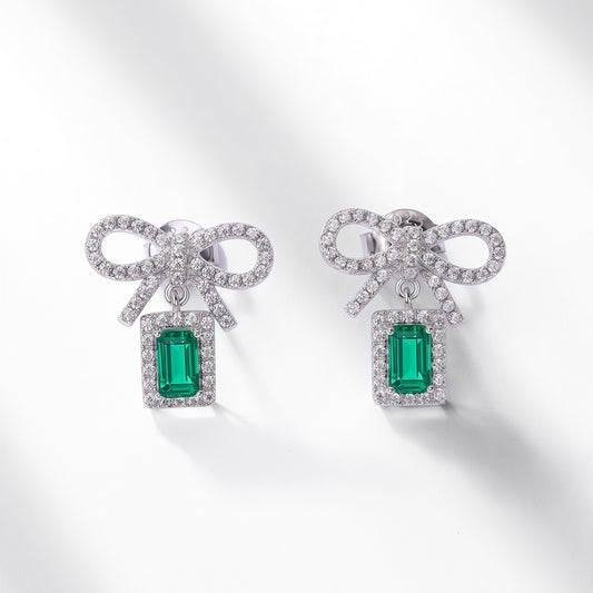 Dapaza Bow-Knot Lab-Grown Emerald Stud Earrings | S925 Sterling Silver