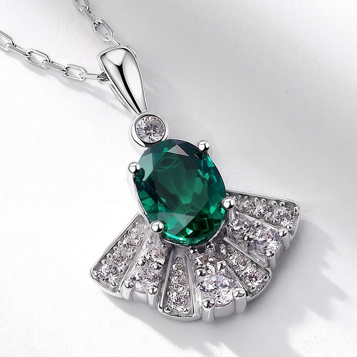 Premium Dapaza Fan-Shaped Lab-Grown Emerald Pendant Necklace | S925 Sterling Silver