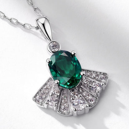 Premium Dapaza Fan-Shaped Lab-Grown Emerald Pendant Necklace | S925 Sterling Silver