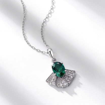 Premium Dapaza Fan-Shaped Lab-Grown Emerald Pendant Necklace | S925 Sterling Silver