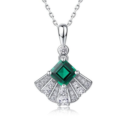 Premium Dapaza Fan-Shaped Lab-Grown Emerald Pendant Necklace | S925 Sterling Silver