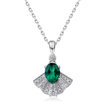 Premium Dapaza Fan-Shaped Lab-Grown Emerald Pendant Necklace | S925 Sterling Silver
