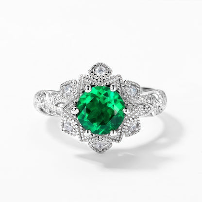 Vintage-Inspired Lab-Grown Emerald Cocktail Ring - 925 Silver - Dapaza