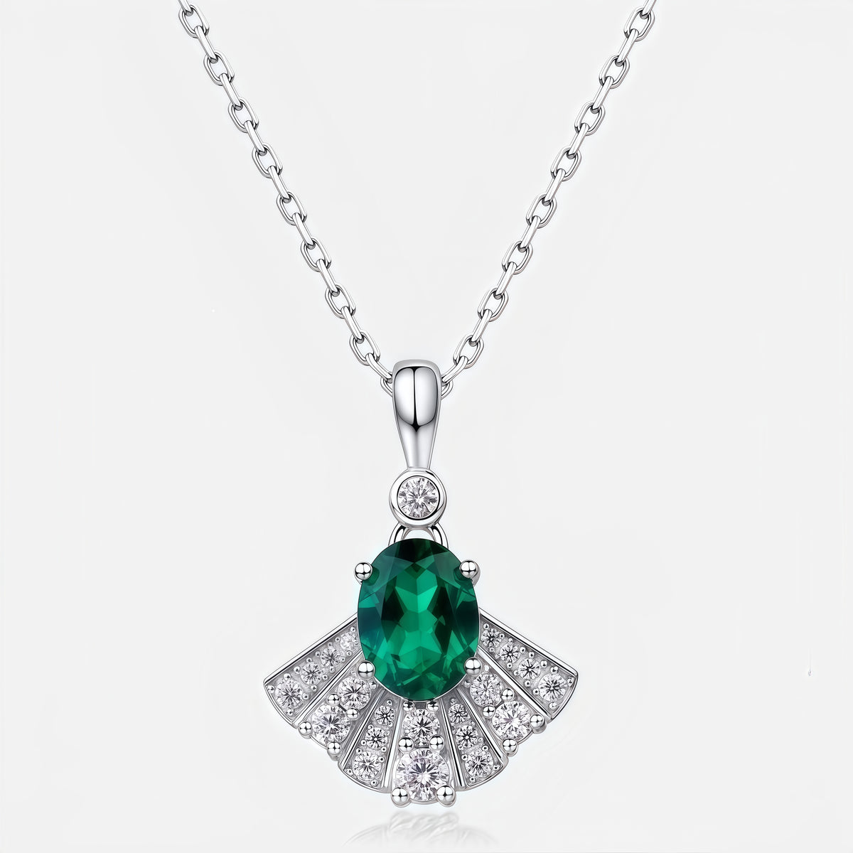 Premium Dapaza Fan-Shaped Lab-Grown Emerald Pendant Necklace | S925 Sterling Silver