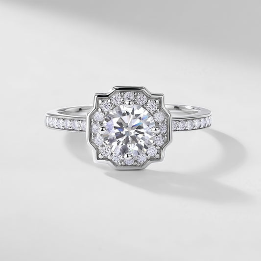 Diamond Halo Emerald-Cut Lab Emerald Statement Ring - S925 - Dapaza