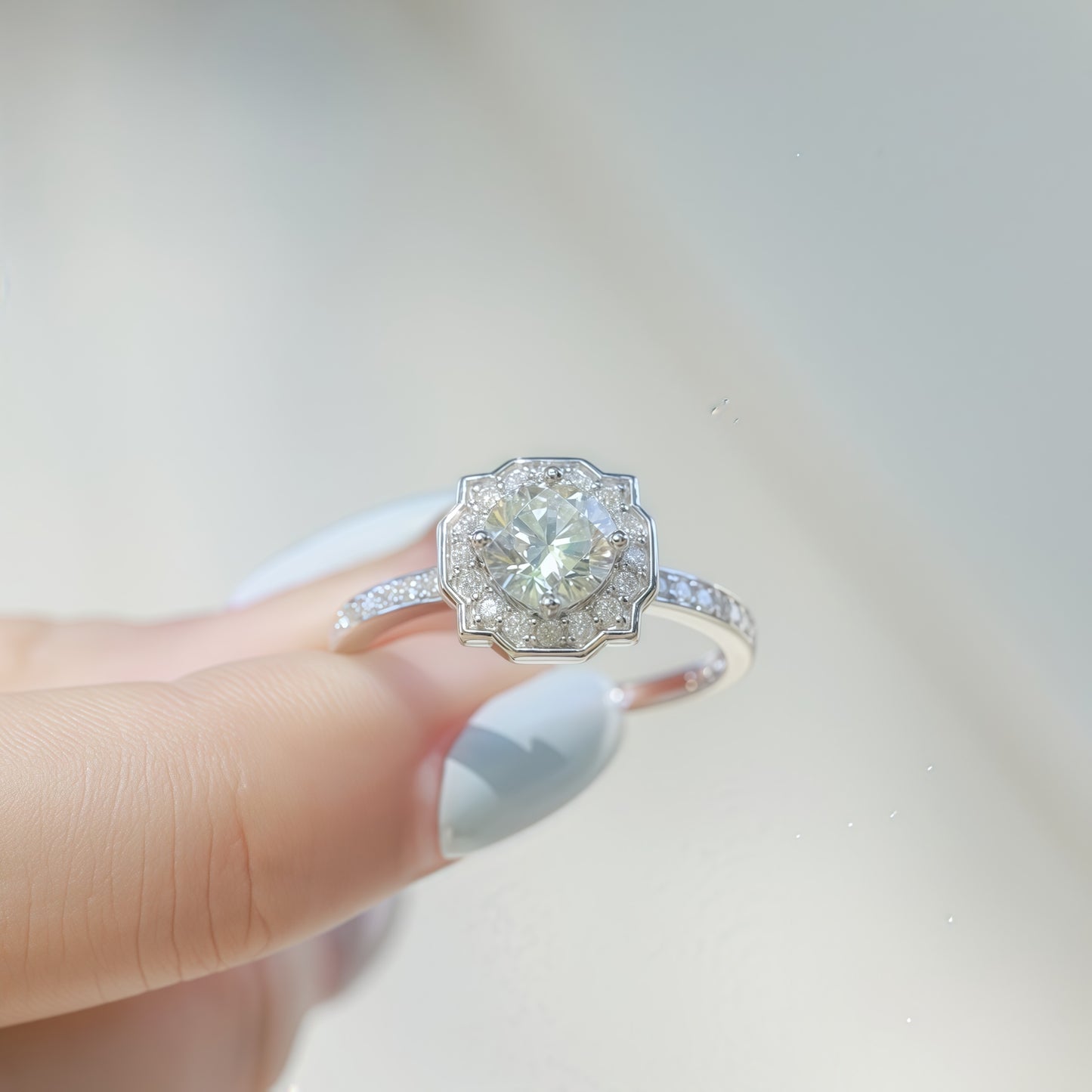 Diamond Halo Emerald-Cut Lab Emerald Statement Ring - S925 - Dapaza