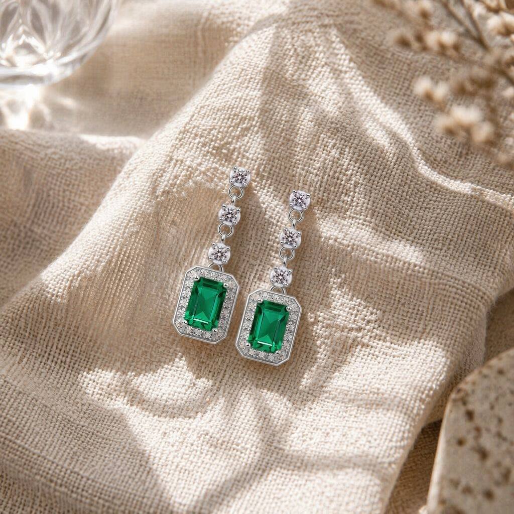 Elegant Emerald-Cut Lab-Grown Emerald Drop Earrings - 925 Sterling Silver - Dapaza Jewelry