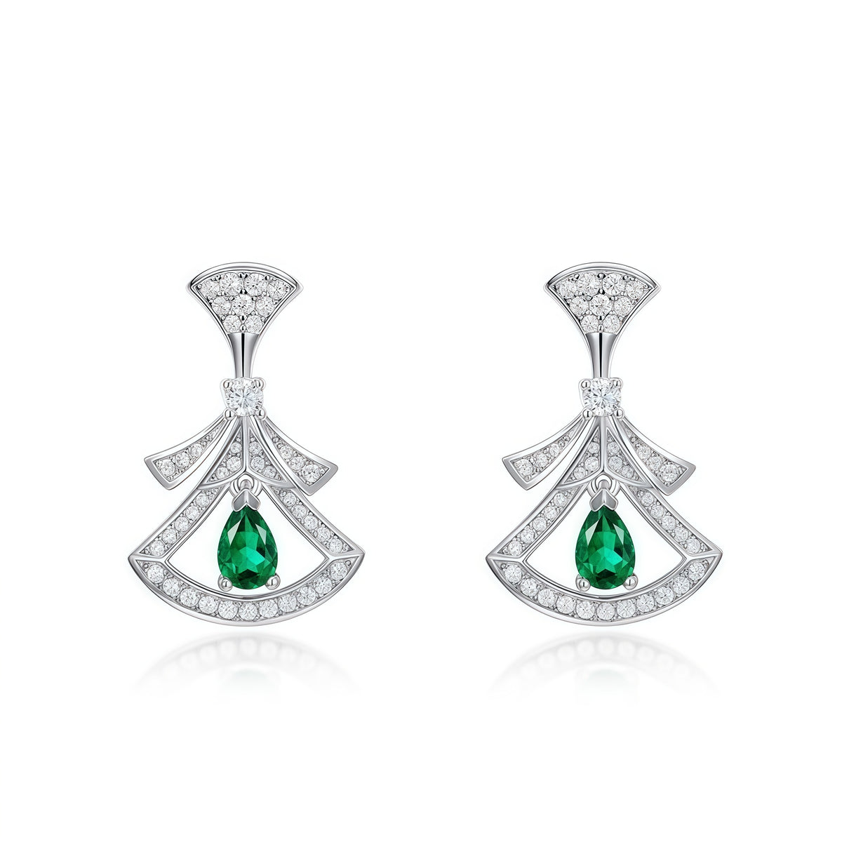 Elegant Fan-Shaped Little Skirt Lab-Grown Emerald Drop Earrings - 925 Silver - Dapaza Jewelry