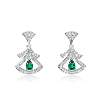 Elegant Fan-Shaped Little Skirt Lab-Grown Emerald Drop Earrings - 925 Silver - Dapaza Jewelry