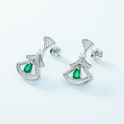 Elegant Fan-Shaped Little Skirt Lab-Grown Emerald Drop Earrings - 925 Silver - Dapaza Jewelry