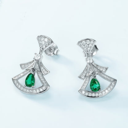 Elegant Fan-Shaped Little Skirt Lab-Grown Emerald Drop Earrings - 925 Silver - Dapaza Jewelry