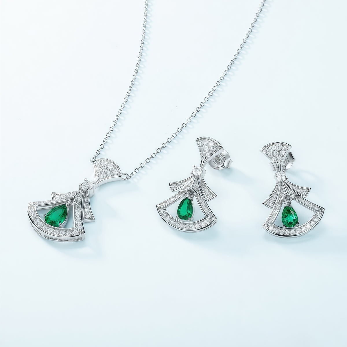 Elegant Fan-Shaped Little Skirt Lab-Grown Emerald Drop Earrings - 925 Silver - Dapaza Jewelry