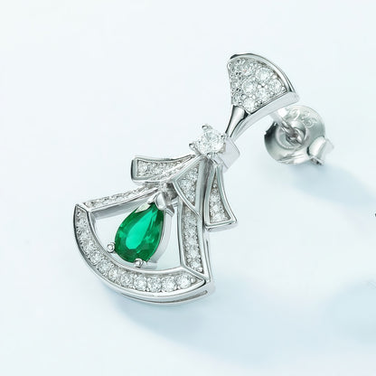 Elegant Fan-Shaped Little Skirt Lab-Grown Emerald Drop Earrings - 925 Silver - Dapaza Jewelry