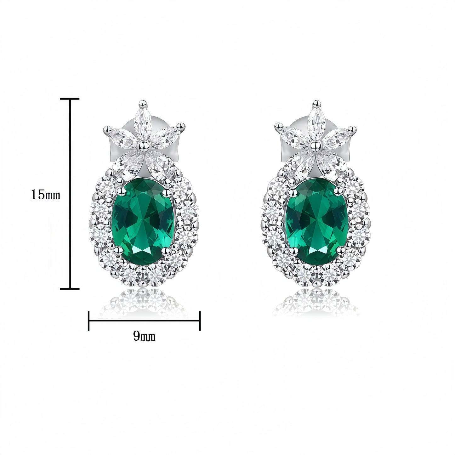 Lab-Grown Emerald Halo Stud Earrings in S925 Sterling Silver - Oval Cut Marquise Accent