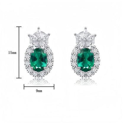 Lab-Grown Emerald Halo Stud Earrings in S925 Sterling Silver - Oval Cut Marquise Accent