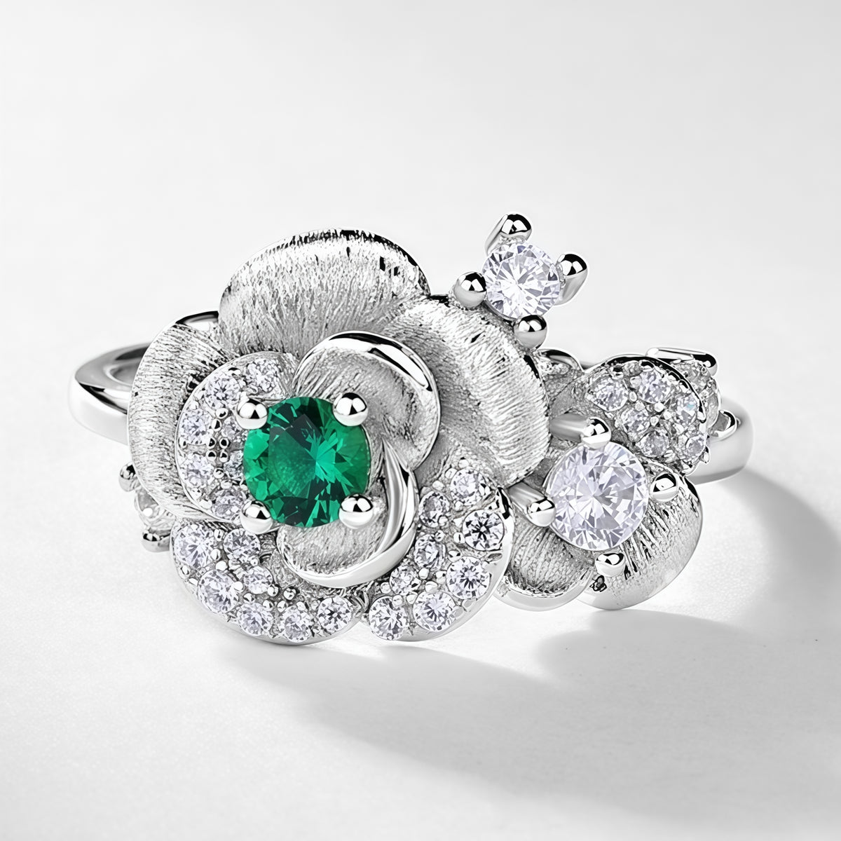 Premium Eternal Rose: Hand-Engraved Lab-Grown Emerald Rose Cocktail Ring | 925 Silver
