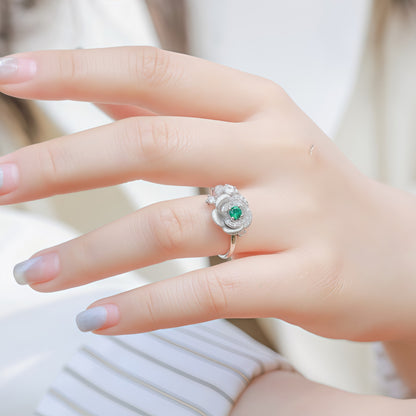 Premium Eternal Rose: Hand-Engraved Lab-Grown Emerald Rose Cocktail Ring | 925 Silver