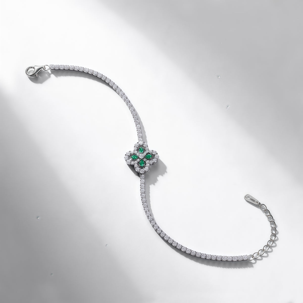 Premium Garden Whimsy: Lucky Clover & Floral Lab-Grown Emerald Bracelet | 925 Silver