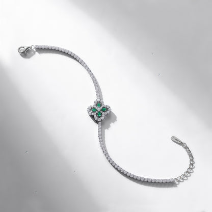 Premium Garden Whimsy: Lucky Clover & Floral Lab-Grown Emerald Bracelet | 925 Silver