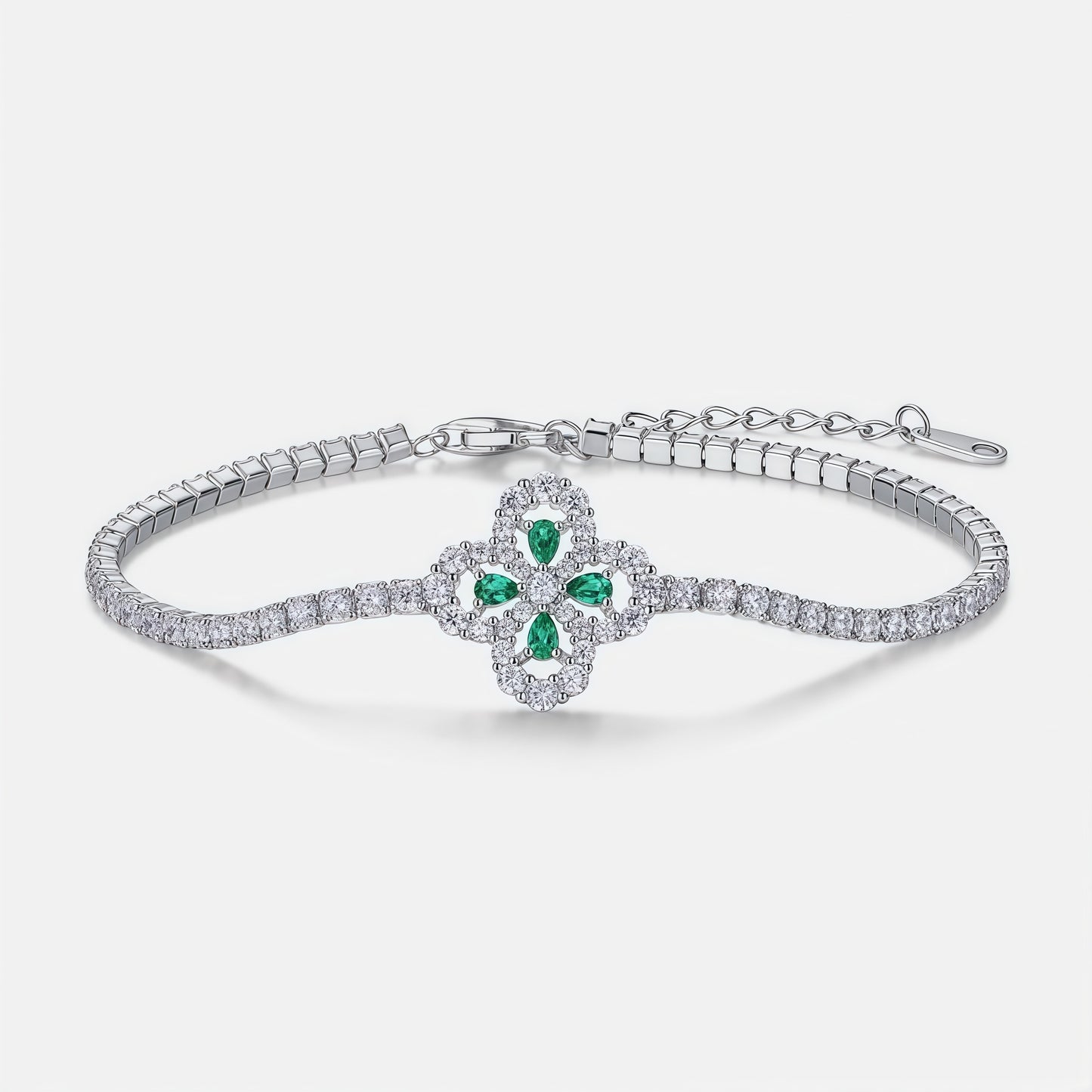 Premium Garden Whimsy: Lucky Clover & Floral Lab-Grown Emerald Bracelet | 925 Silver