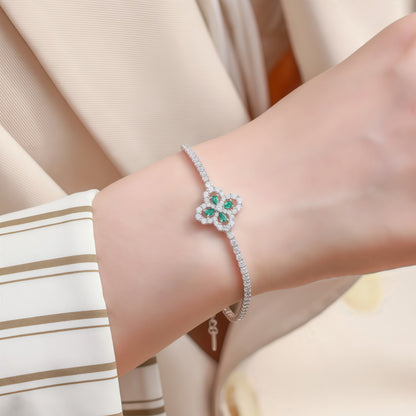 Premium Garden Whimsy: Lucky Clover & Floral Lab-Grown Emerald Bracelet | 925 Silver