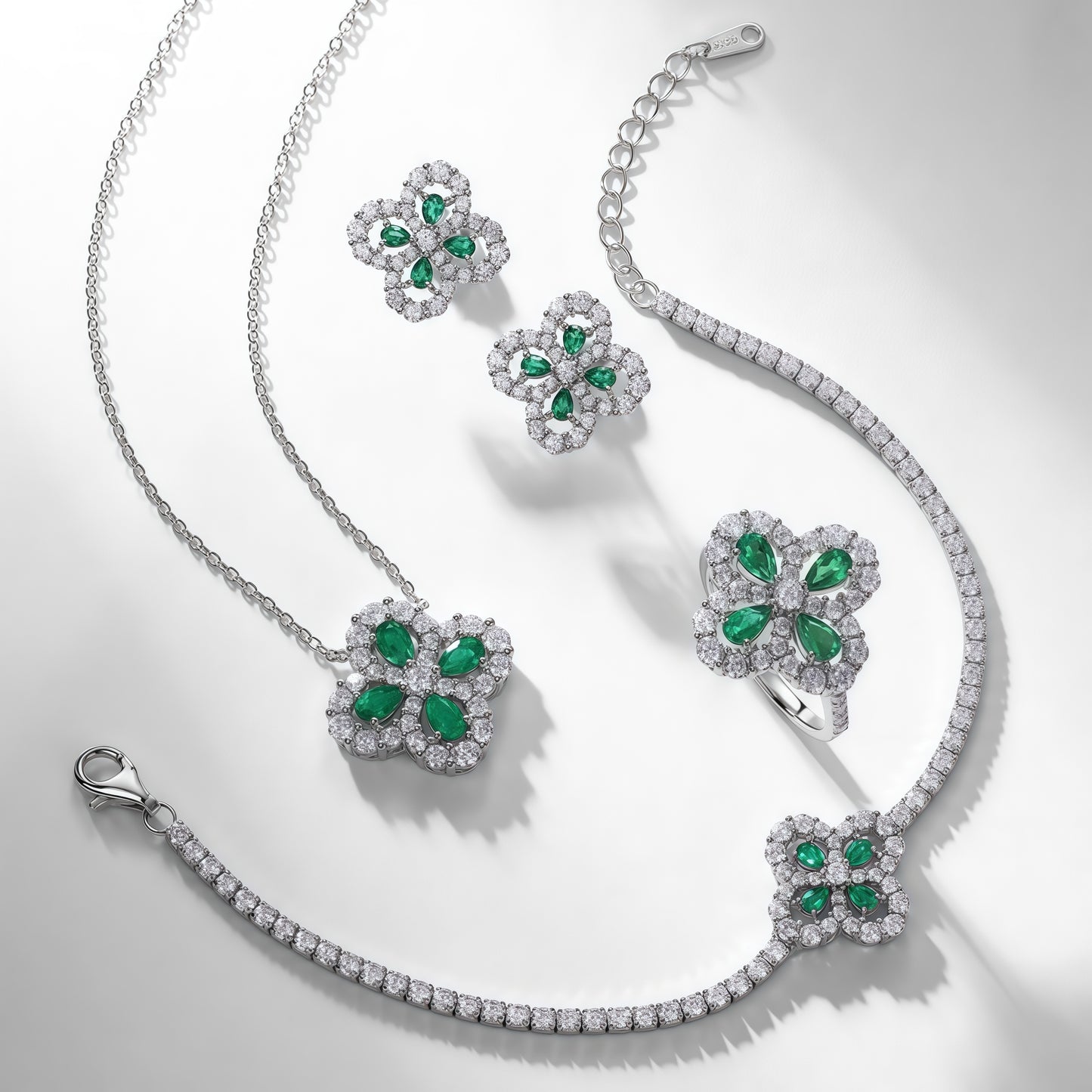 Premium Garden Whimsy: Lucky Clover & Floral Lab-Grown Emerald Bracelet | 925 Silver