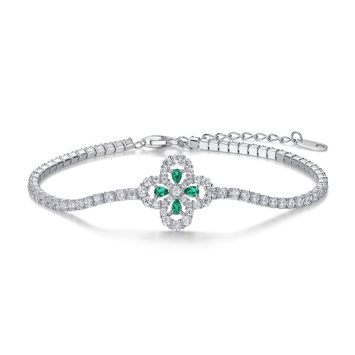 Premium Garden Whimsy: Lucky Clover & Floral Lab-Grown Emerald Bracelet | 925 Silver