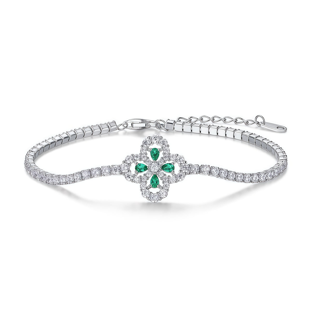 Premium Garden Whimsy: Lucky Clover & Floral Lab-Grown Emerald Bracelet | 925 Silver