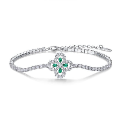 Premium Garden Whimsy: Lucky Clover & Floral Lab-Grown Emerald Bracelet | 925 Silver