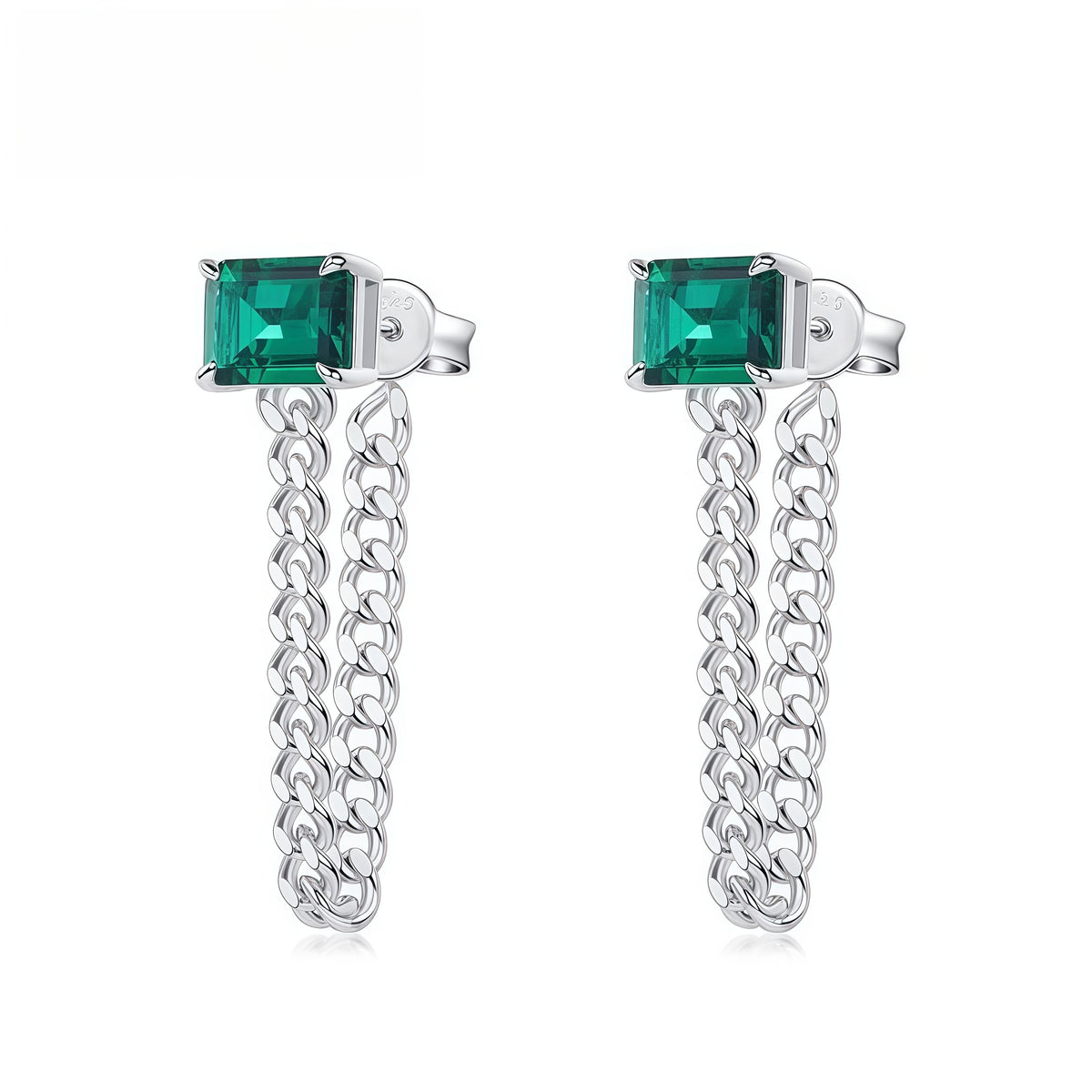 Geometric Emerald-Cut Lab-Grown Emerald Chain Link Earrings - 925 Silver - Dapaza Jewelry
