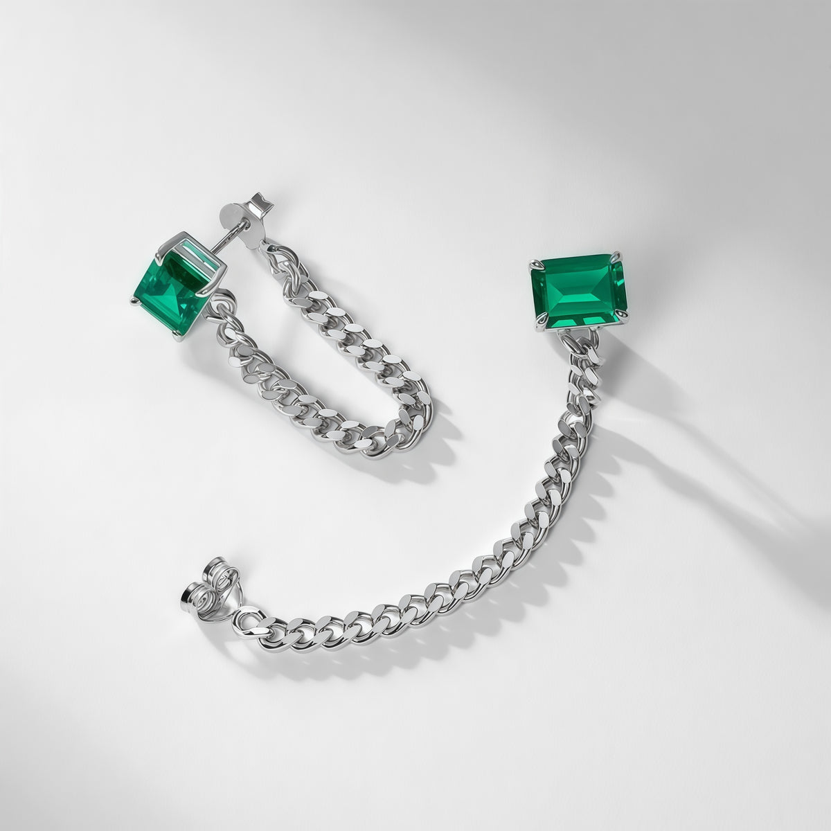 Geometric Emerald-Cut Lab-Grown Emerald Chain Link Earrings - 925 Silver - Dapaza Jewelry