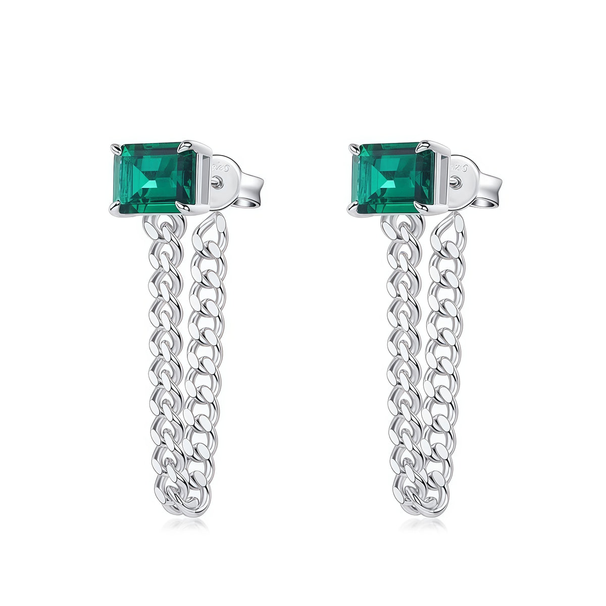 Geometric Emerald-Cut Lab-Grown Emerald Chain Link Earrings - 925 Silver - Dapaza Jewelry