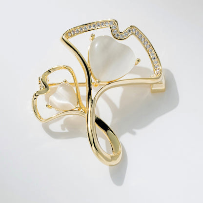 Cat Eye Stone & Cubic Zirconia Ginkgo Leaf Lapel Pin
