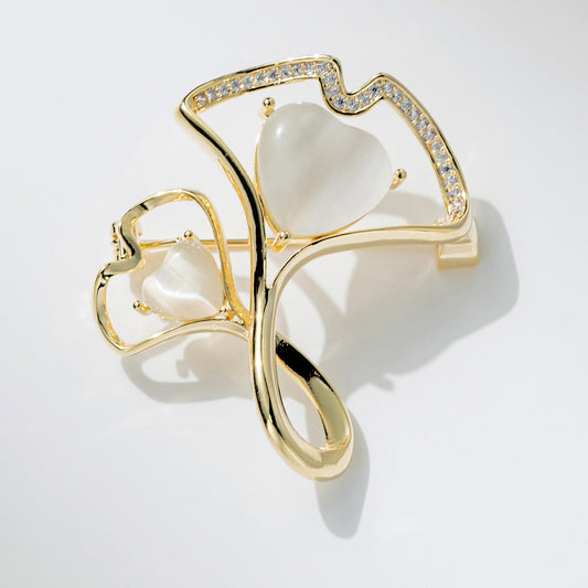 Cat Eye Stone & Cubic Zirconia Ginkgo Leaf Lapel Pin