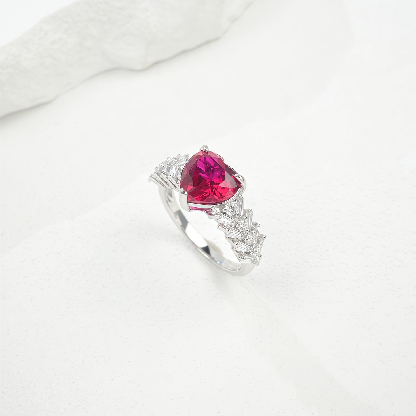 Heart-Shaped Lab-Grown Emerald Ring - S925 Sterling Silver with Baguette Accents