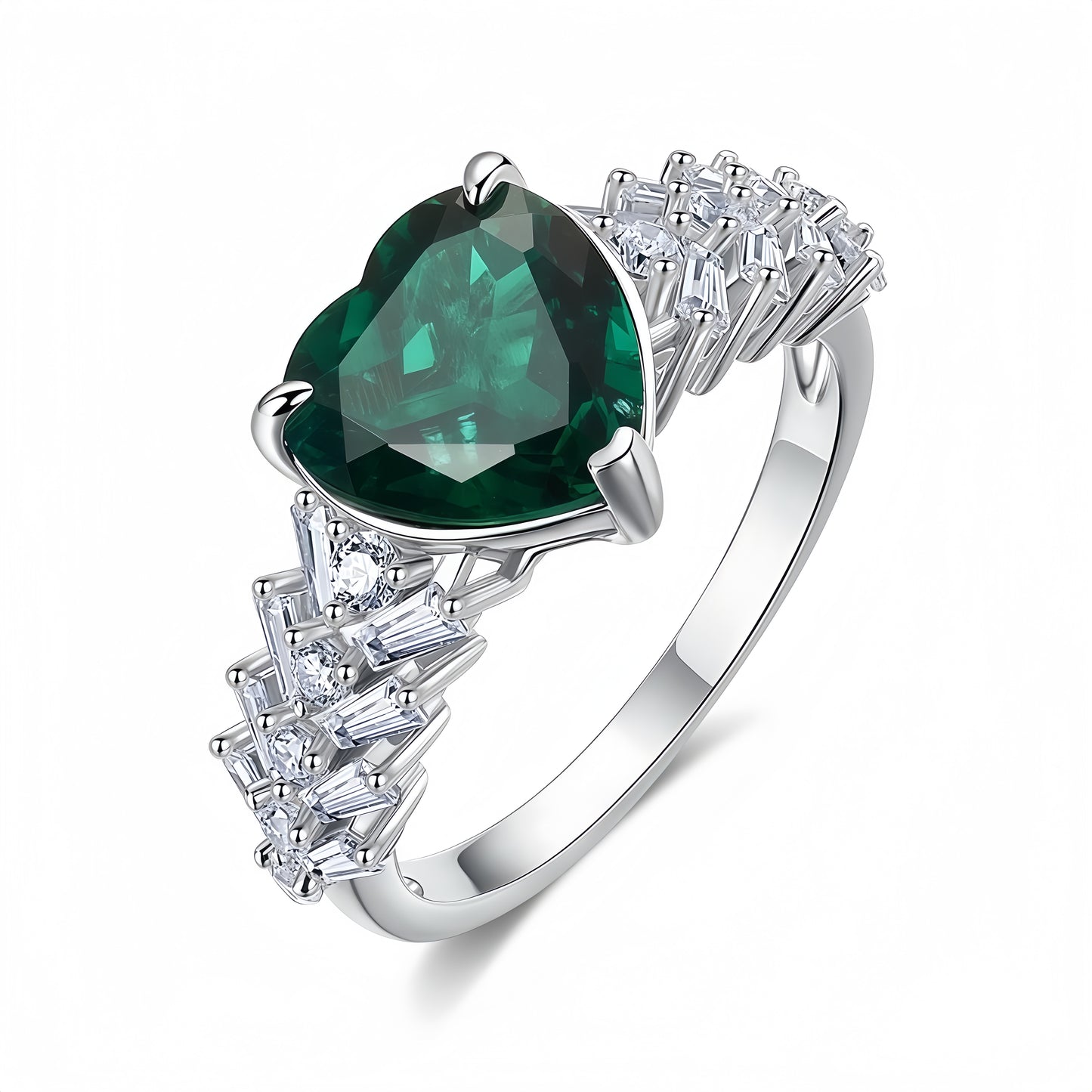 Heart-Shaped Lab-Grown Emerald Ring - S925 Sterling Silver with Baguette Accents