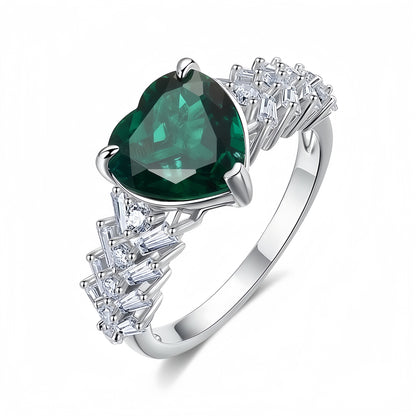 Heart-Shaped Lab-Grown Emerald Ring - S925 Sterling Silver with Baguette Accents
