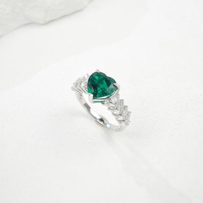 Heart-Shaped Lab-Grown Emerald Ring - S925 Sterling Silver with Baguette Accents