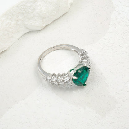 Heart-Shaped Lab-Grown Emerald Ring - S925 Sterling Silver with Baguette Accents