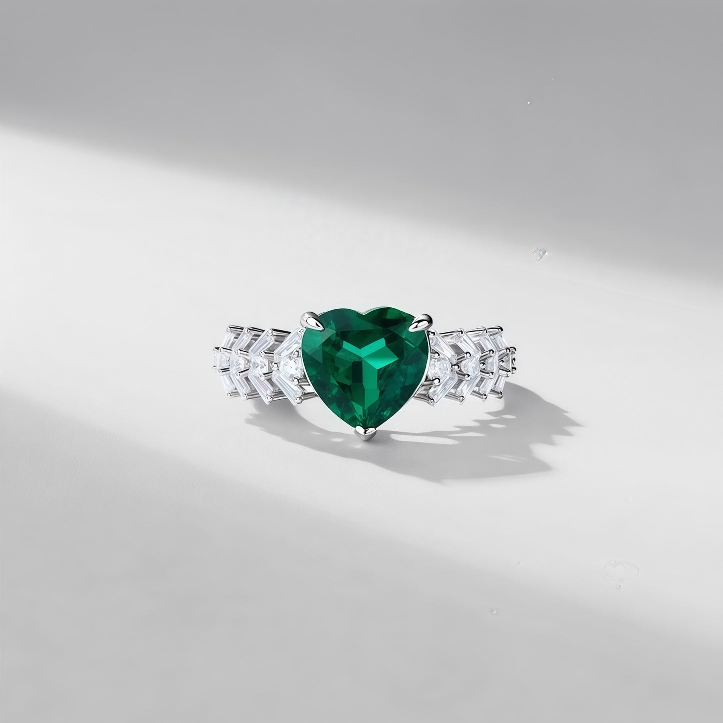 Heart-Shaped Lab-Grown Emerald Ring - S925 Sterling Silver with Baguette Accents