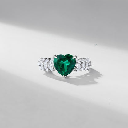 Heart-Shaped Lab-Grown Emerald Ring - S925 Sterling Silver with Baguette Accents