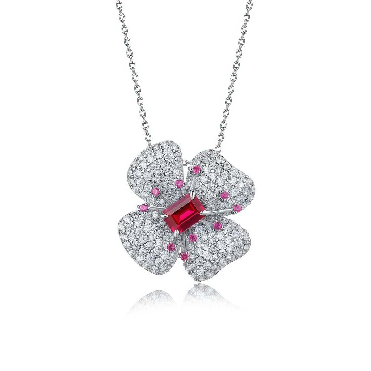 Premium Lucky Bloom: Four-Leaf Clover Lab-Grown Ruby Pendant Necklace | 925 Silver