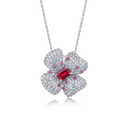 Premium Lucky Bloom: Four-Leaf Clover Lab-Grown Ruby Pendant Necklace | 925 Silver