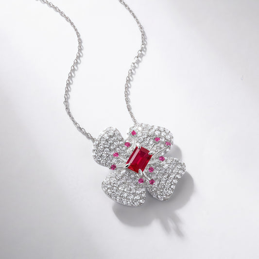 Premium Lucky Bloom: Four-Leaf Clover Lab-Grown Ruby Pendant Necklace | 925 Silver