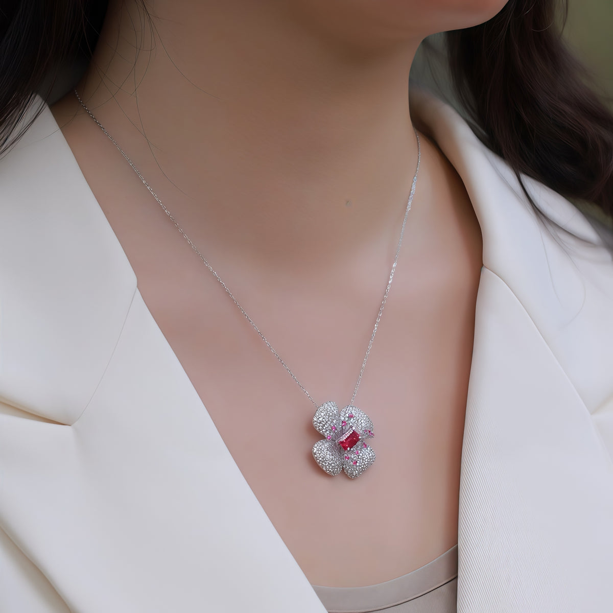 Premium Lucky Bloom: Four-Leaf Clover Lab-Grown Ruby Pendant Necklace | 925 Silver