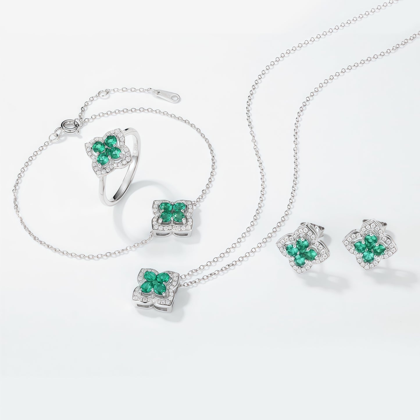 Premium Lucky Clover: French Four-Leaf Lab-Grown Emerald Bracelet | 925 Silver