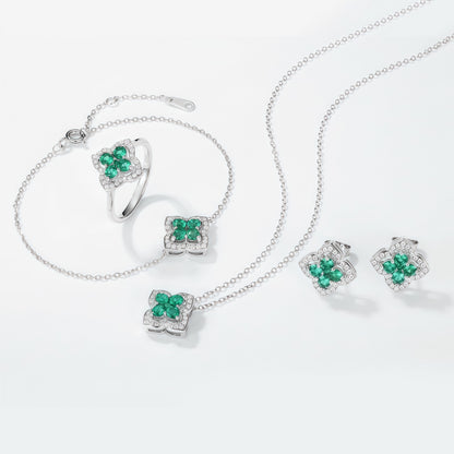 Premium Lucky Clover: French Four-Leaf Lab-Grown Emerald Bracelet | 925 Silver