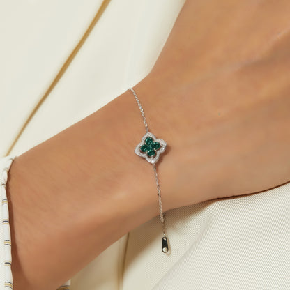 Premium Lucky Clover: French Four-Leaf Lab-Grown Emerald Bracelet | 925 Silver