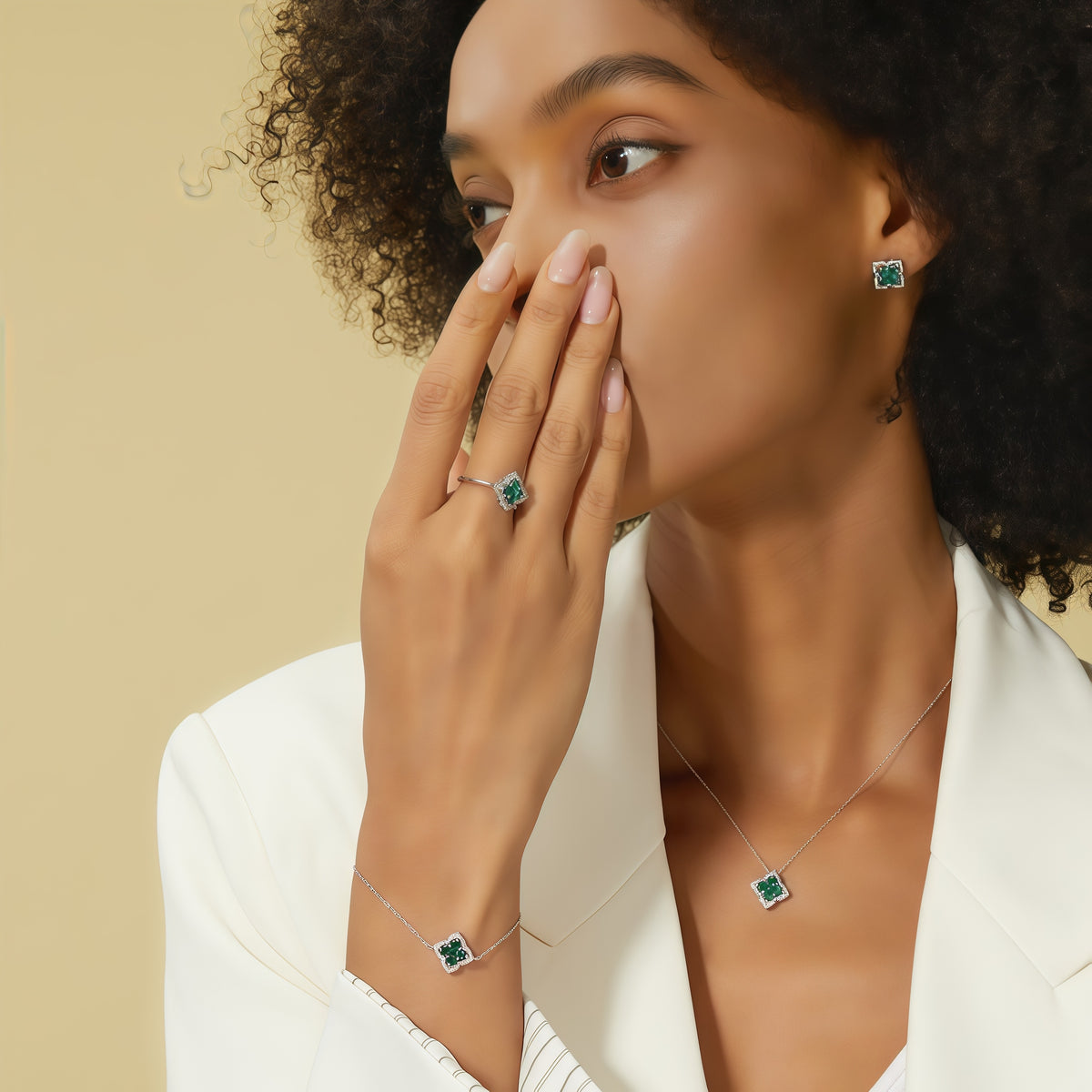 Premium Lucky Clover: French Four-Leaf Lab-Grown Emerald Bracelet | 925 Silver